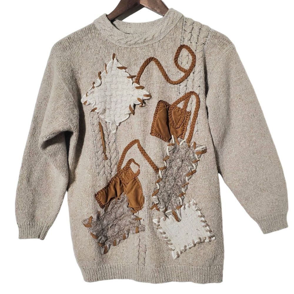 Vintage IB Diffusion Wool Blend Pullover Sweater Size S Patches Art Deco Womens